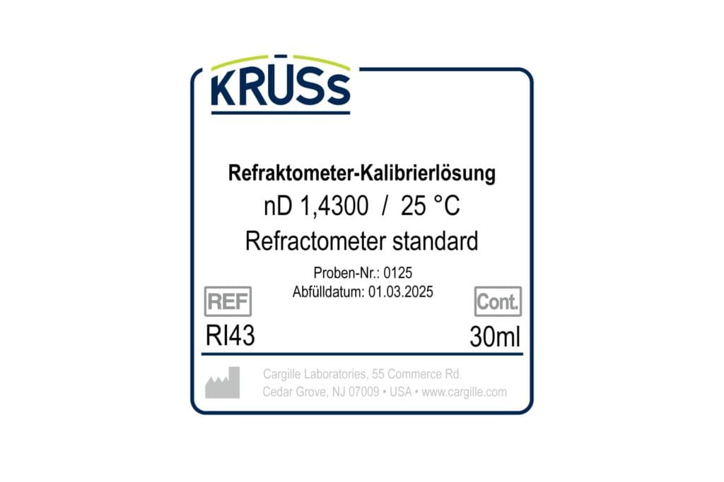 KRÜSS RI43 kalibráló folyadék gyártói címkéje, 30 ml