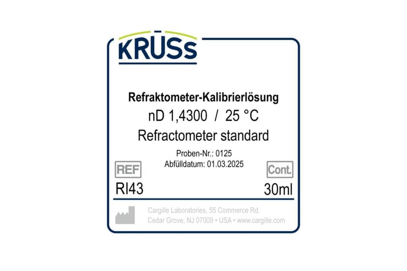 KRÜSS RI43 kalibráló folyadék gyártói címkéje, 30 ml