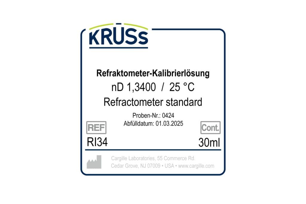 KRÜSS RI34 kalibráló folyadék címkéje, 1,3400 nD 25 °C-on, 30 ml
